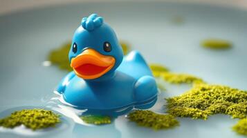 Bright blue rubber duck floats peacefully on water surrounded by green moss photo