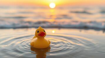 Rubber duck floats in calm ocean waves at sunset creating a serene beach atmosphere photo