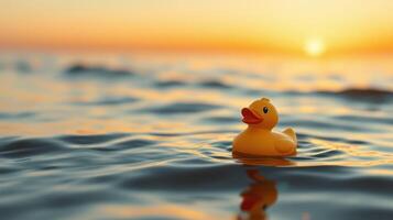 Bright yellow rubber duck floats on tranquil water at sunset, capturing a serene moment of leisure and joy photo