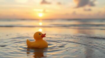 Rubber duck floats on calm ocean water during sunset at the beach photo