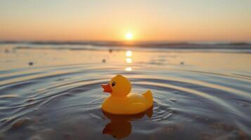 Bright yellow rubber duck floats on calm water during sunset at the beach photo