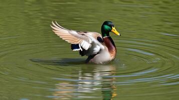 Male duck flapping wings on calm water during sunny day in a serene park environment photo