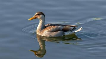 Duck swimming gracefully on calm water with reflection during a sunny day in a serene natural setting photo
