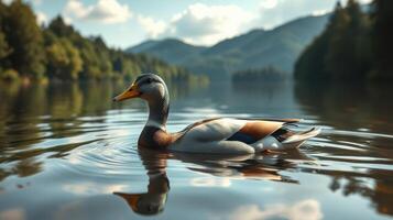 Duck gliding peacefully on calm lake surrounded by lush forest and distant mountains under a clear sky photo