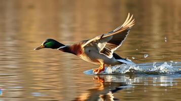 Mallard duck takes flight from a serene lake during golden hour photo