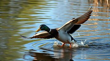 Duck takes flight from the water in a serene pond surrounded by greenery photo