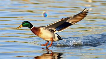 Mallard duck taking off from the water at sunrise in a serene natural setting photo