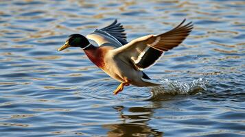 Mallard duck taking flight from water at sunset, showcasing vibrant feathers and rippling reflections photo