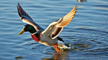 Mallard duck takes off from a serene lake at sunrise, displaying vibrant plumage and graceful wingspan photo