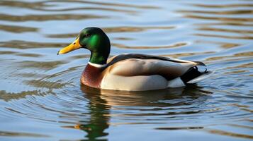 Male mallard duck swimming in a tranquil lake during morning hours with soft ripples reflecting sunlight photo
