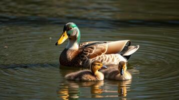 Mallard duck and ducklings swimming in a tranquil pond during golden hour photo