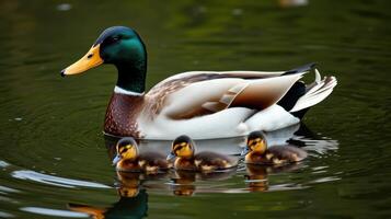 Mother duck swims peacefully with her three adorable ducklings in a calm water setting photo