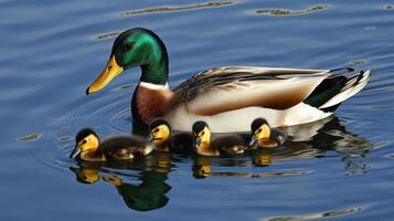 Mallard duck and ducklings swimming peacefully in a serene lake during daylight hours photo