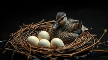 Duck resting in a nest with eggs during early morning light photo