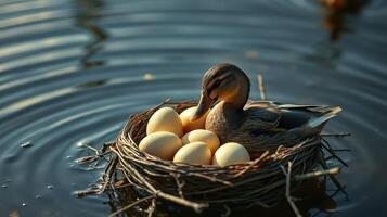 Duck sitting on a nest with eggs in a serene pond during morning light photo