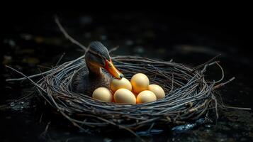 Duck sitting on eggs in a rustic nest surrounded by dark water at dawn photo