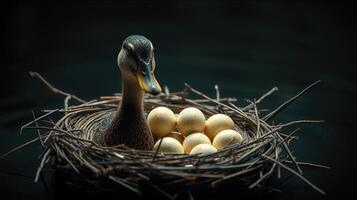 Duck sitting in a nest with several eggs in a dimly lit environment during the nesting period photo