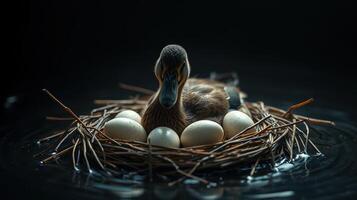 Duck sitting on eggs in a cozy nest surrounded by calm water during a serene evening setting photo