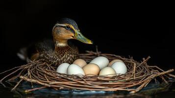 Mother duck caring for her eggs in a nest surrounded by twigs and grasses during sunrise photo