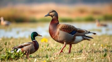 Ducks interacting near a serene water body surrounded by grass and flowers during daylight hours photo