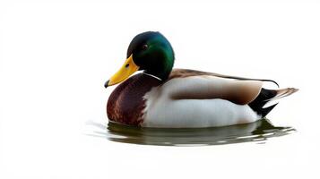 Mallard duck swimming peacefully in calm water against a white backdrop during midday photo