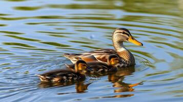 Mother duck swimming with her ducklings in a serene pond during a sunny afternoon photo