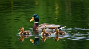 Mother duck swimming with her ducklings in a serene pond surrounded by lush greenery photo
