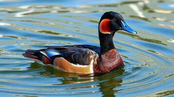 Brightly colored duck swimming gracefully in calm water during a sunny afternoon in a serene park setting photo