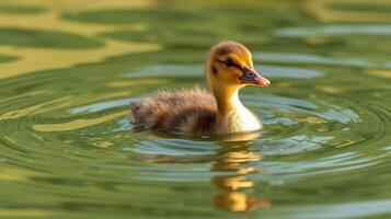 Cute duckling swimming peacefully in a serene pond during golden hour photo