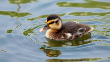 Duckling glides through calm waters surrounded by gentle ripples during a sunny day in a tranquil setting photo