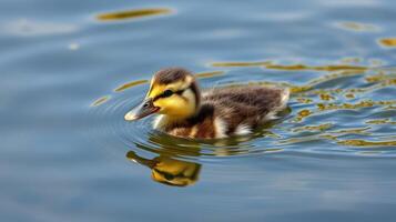 Duckling swims gracefully in tranquil waters during a sunny afternoon photo