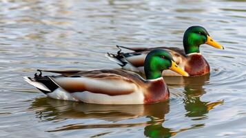 Two ducks swim peacefully in a calm pond surrounded by lush greenery during a sunny afternoon photo