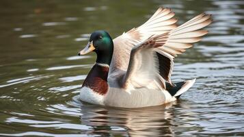 Male duck flapping wings while swimming in a serene pond on a sunny afternoon photo