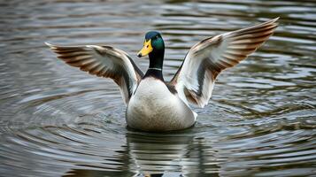 Duck flapping wings on tranquil water in a natural setting photo