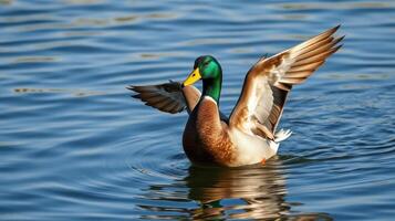 Mallard duck flapping wings on the surface of a calm lake during daylight hours photo