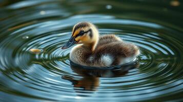 Cute duckling swimming in a pond creating ripples on a sunny day photo