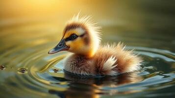 Cute duckling swims in tranquil water during a sunny afternoon near a peaceful lake photo