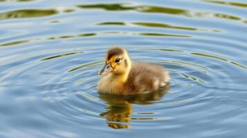 Young duckling swims gently in tranquil pond water surrounded by ripples on a sunny afternoon photo