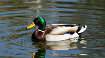 Male mallard duck swimming gracefully in a serene pond reflecting ripples under sunlight photo