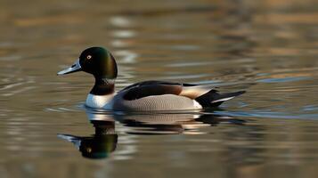 Male tufted duck swims gracefully across calm waters during a sunny afternoon in a serene park environment photo