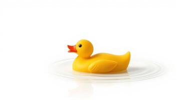 Bright yellow rubber duck floats peacefully in calm water during a sunny day photo