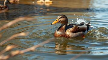 Duck swimming gracefully in calm waters surrounded by nature during golden hour light photo