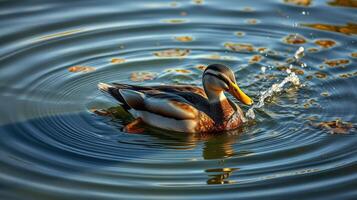 Duck swimming calmly in rippling water surrounded by nature at a serene lake during golden hour photo