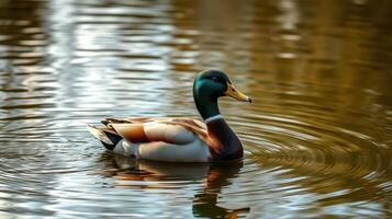 Mallard duck swimming peacefully in a tranquil pond with ripples reflecting sunlight photo