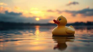 Bright yellow rubber duck floats serenely on a lake at sunset with vibrant skies reflecting on the water photo