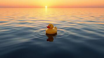 Yellow rubber duck floats peacefully on calm water during a vibrant sunset over the horizon photo