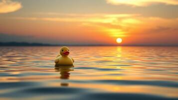 Yellow rubber duck floats serenely on calm water during sunset over distant horizon photo