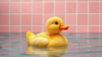 Cute rubber duck floats in a calm bathroom setting with pink tiled backdrop photo