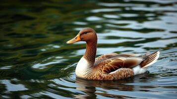 Brown duck swimming gracefully in a serene lake surrounded by lush greenery during a sunny day photo