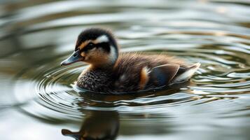Duckling swims gently in a tranquil pond during afternoon hours in a serene natural setting photo